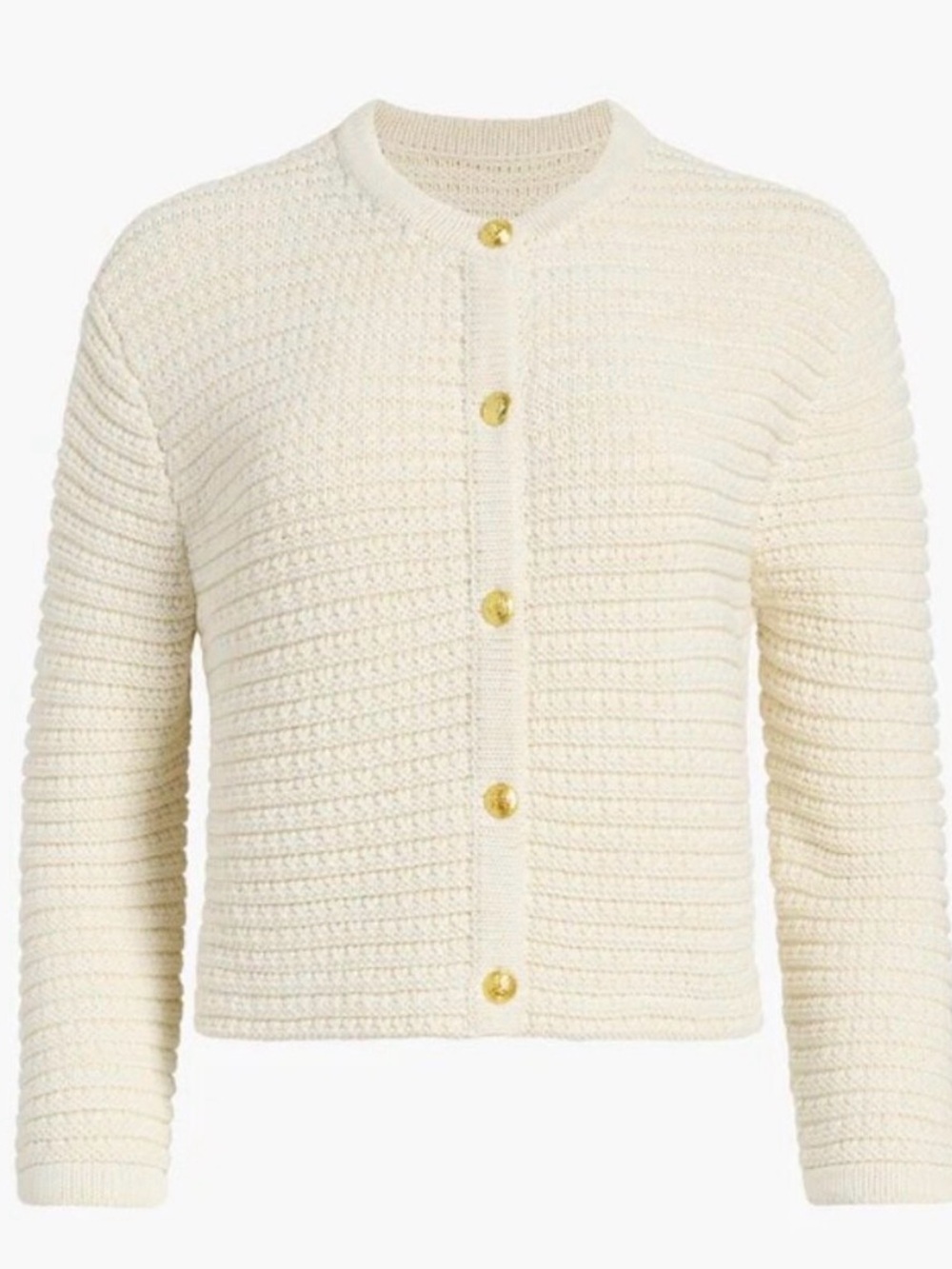 Cropped Cream Textured Knit Cardigan with Gold Buttons